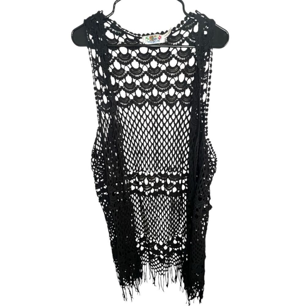 India Boutique Black Crochet Woven Vest With Bottom Fringe